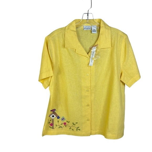 Kim Rogers Yellow Linen Blend Button Down Crop Shirt Embroidered Birds Medium P - Picture 3 of 9